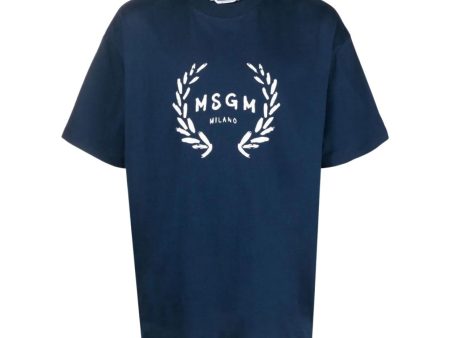 MSGM Logo Print Navy T-Shirt Discount