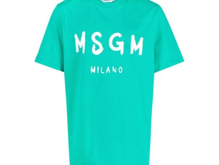 MSGM Brushed Effect Logo Green T-Shirt For Cheap