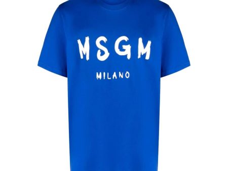 MSGM Brushed Effect Logo Blue T-Shirt For Sale