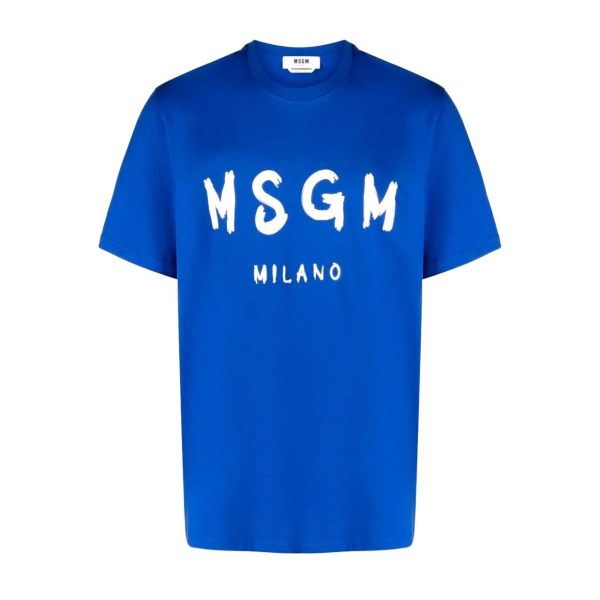 MSGM Brushed Effect Logo Blue T-Shirt For Sale